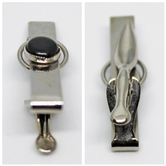 Vintage Silver & Black Circle Cabachon Rectangle Tie Clip VTG Father's Day Gift - Picture 6 of 9